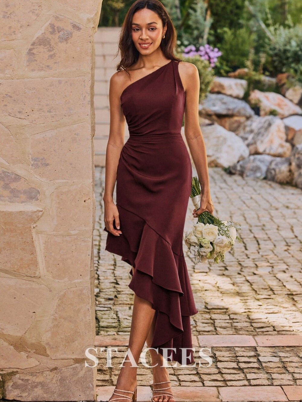 One Shoulder Layered Rufgle Dress Burgundy Size 4 NEW